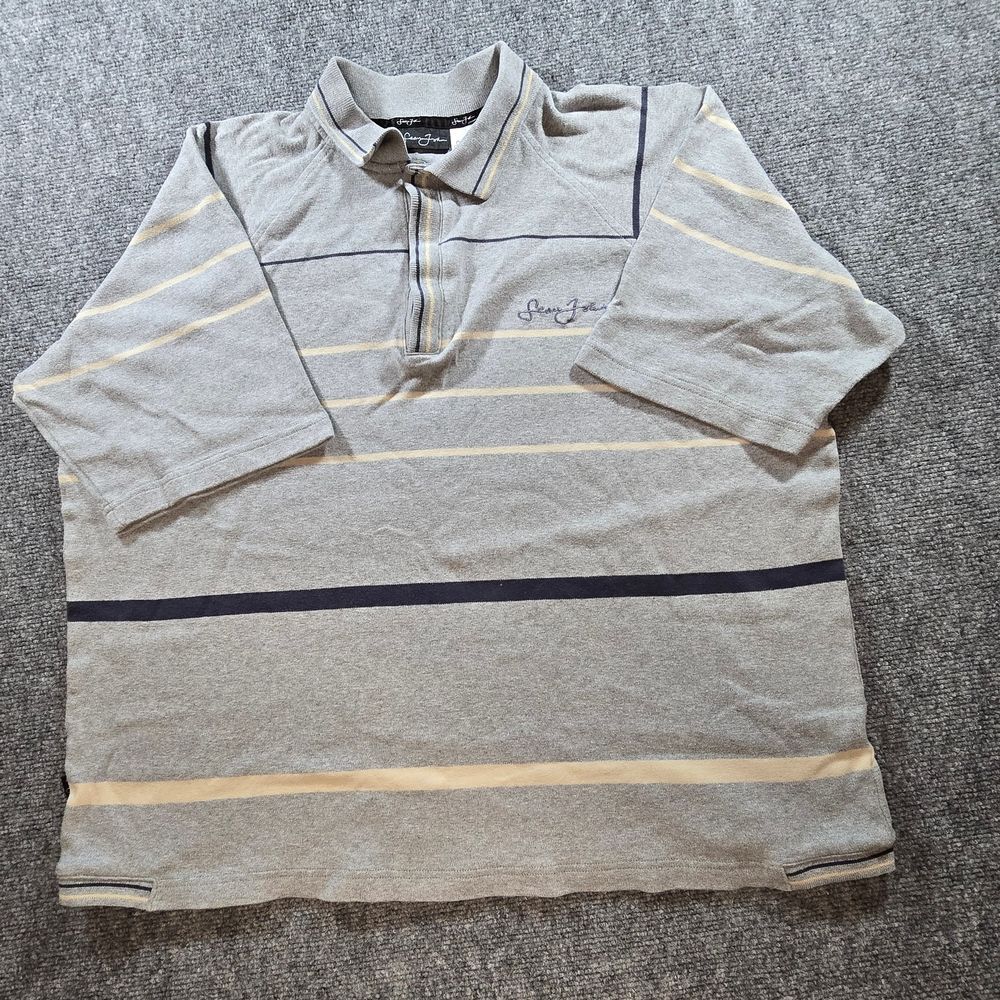 Sean John Polo Shirt Mens Large Gray Striped Short Sleeve Casual Cotton